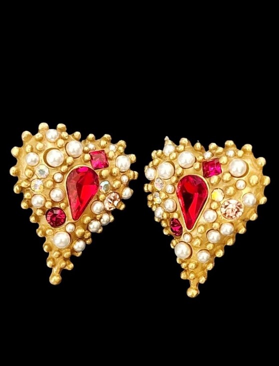 Luxury Fashion Jewelry - Gold Plated Heart Earrings With Red Gem And Faux Pearl Accents